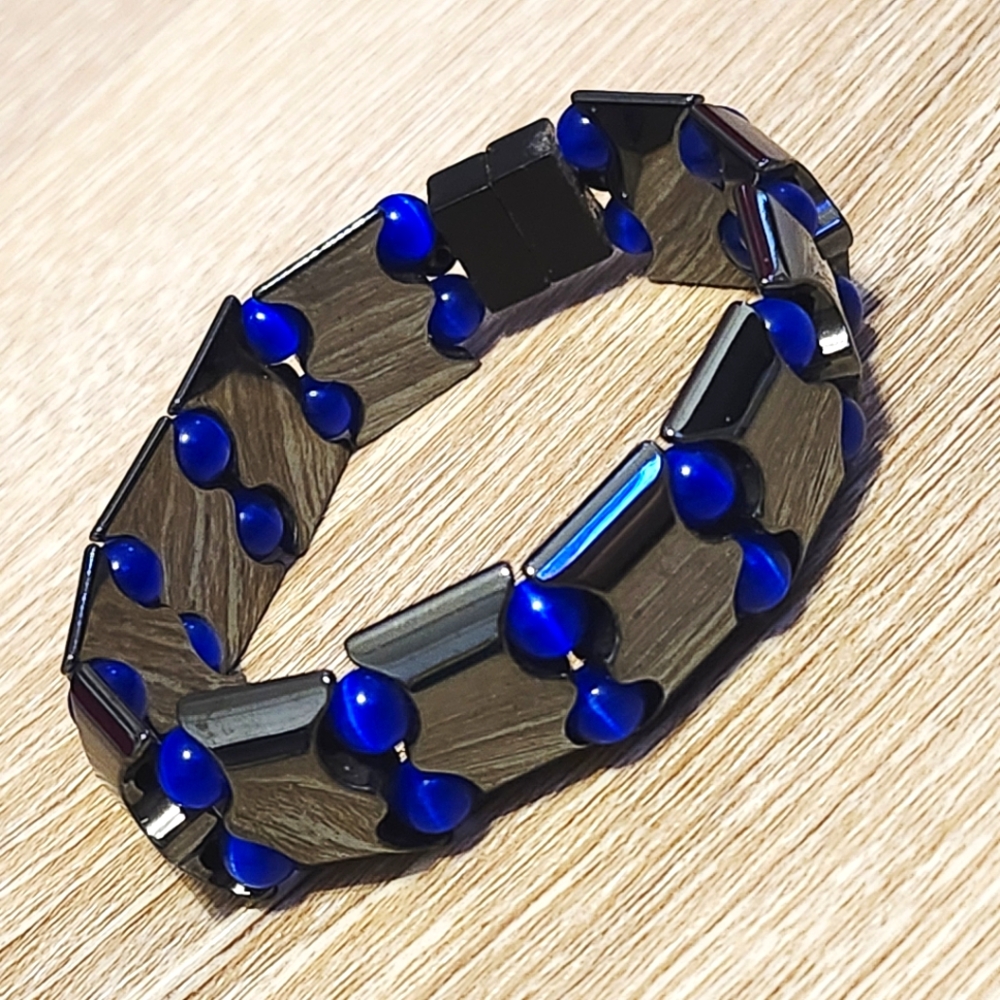 Hematite Lapis Stretch Bracelet Magnetic Healing Double Strand Blue Beads